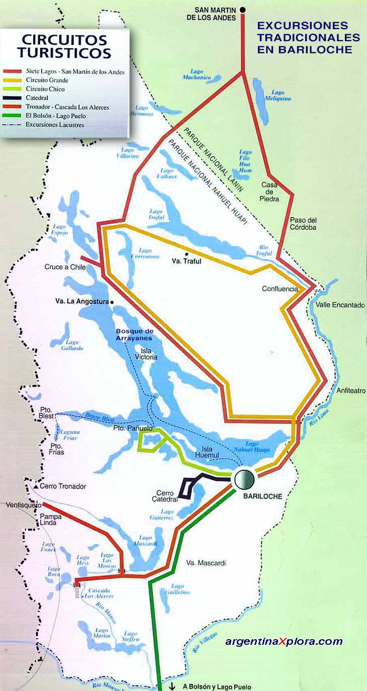 Mapa de circuitos y excursiones en Bariloche