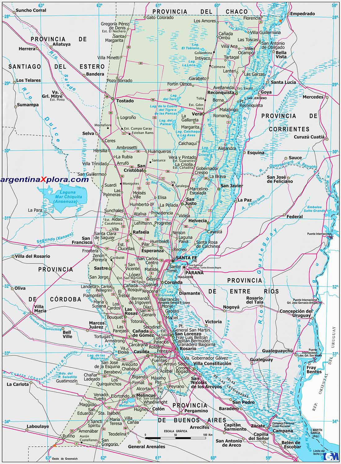 Mapa de la Provincia de Santa Fe. Rutas y Localidades