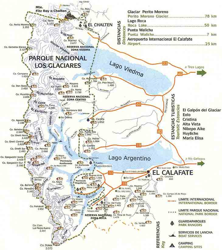 Mapa del Parque Nacional Los Glaciares y Zona